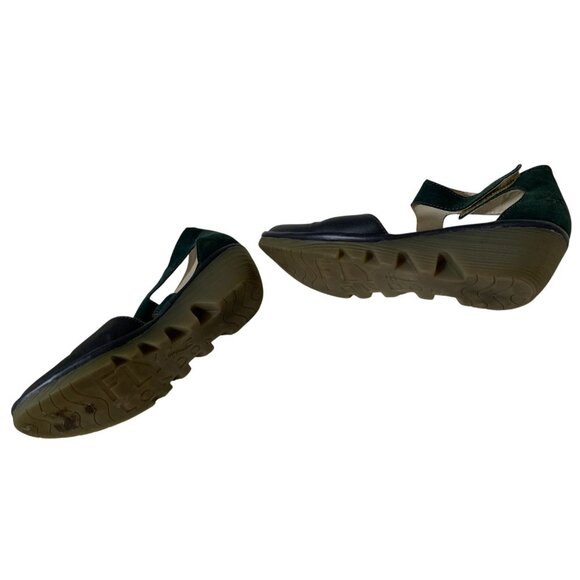 Fly London Womens Size 38 Blue Suede Leather Toe ANkle Strap back Wedge 2 in Hee - Picture 4 of 4